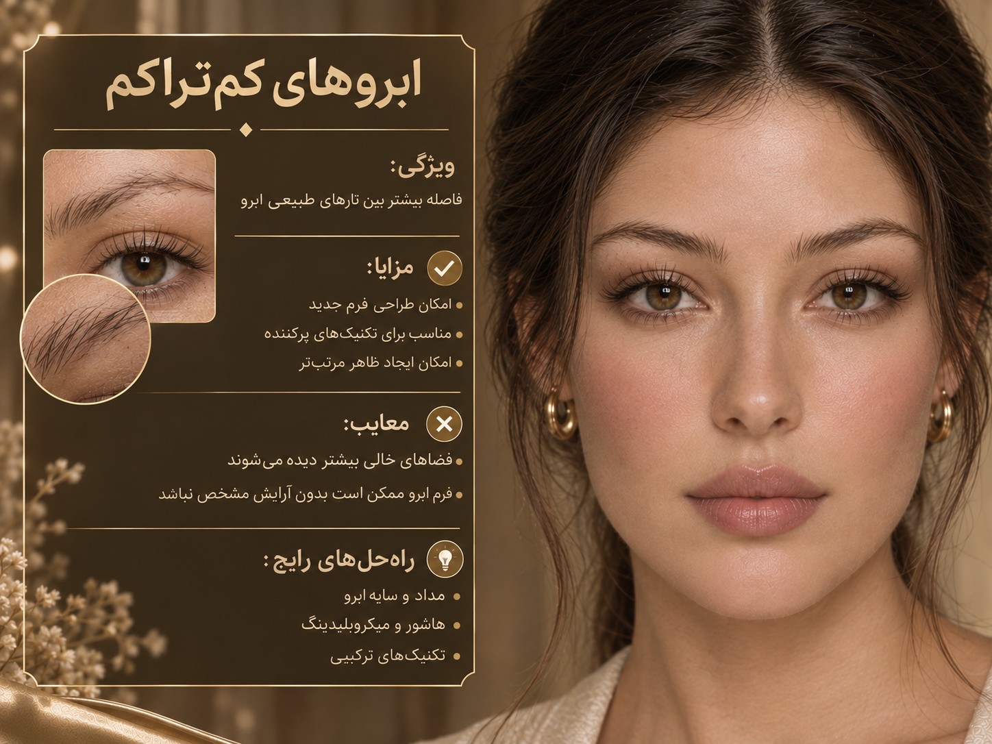 ابروی کم تراکم زنانه با فاصله بین تار های طبیعی و نواحی خالی