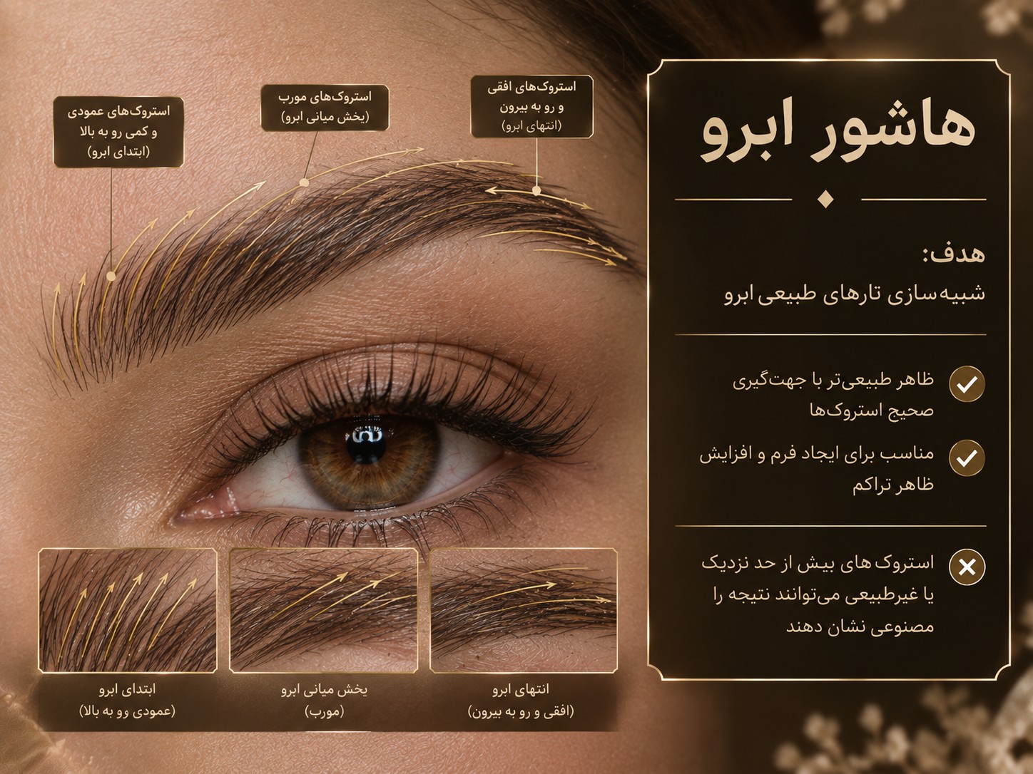 نمای نزدیک هاشور ابرو با خطوط شبیه تارهای طبیعی و جهت رشد متفاوت
