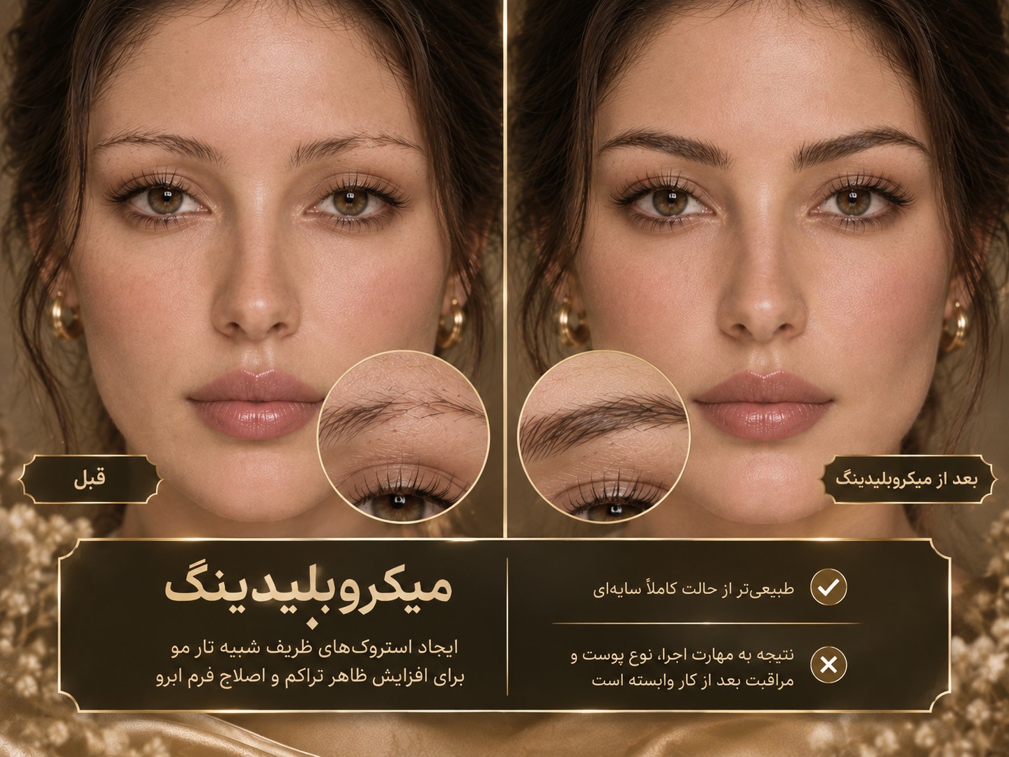 مقایسه قبل و بعد میکروبلیدینگ ابرو برای پر کردن قسمت های کم پشت