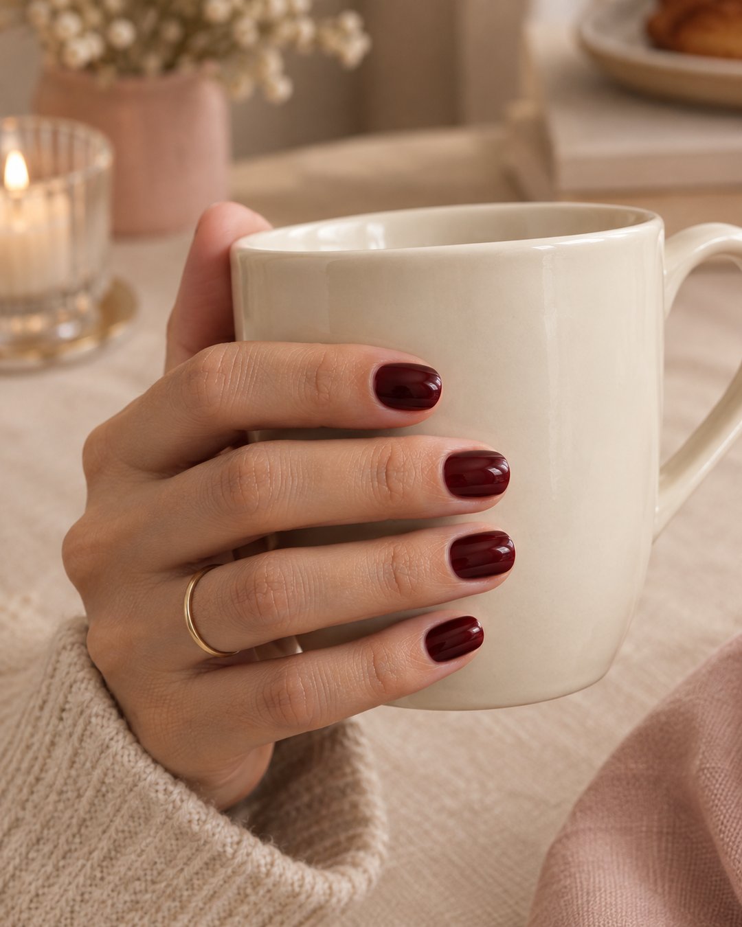ژلیش زرشکی براق روی ناخن کوتاه گرد